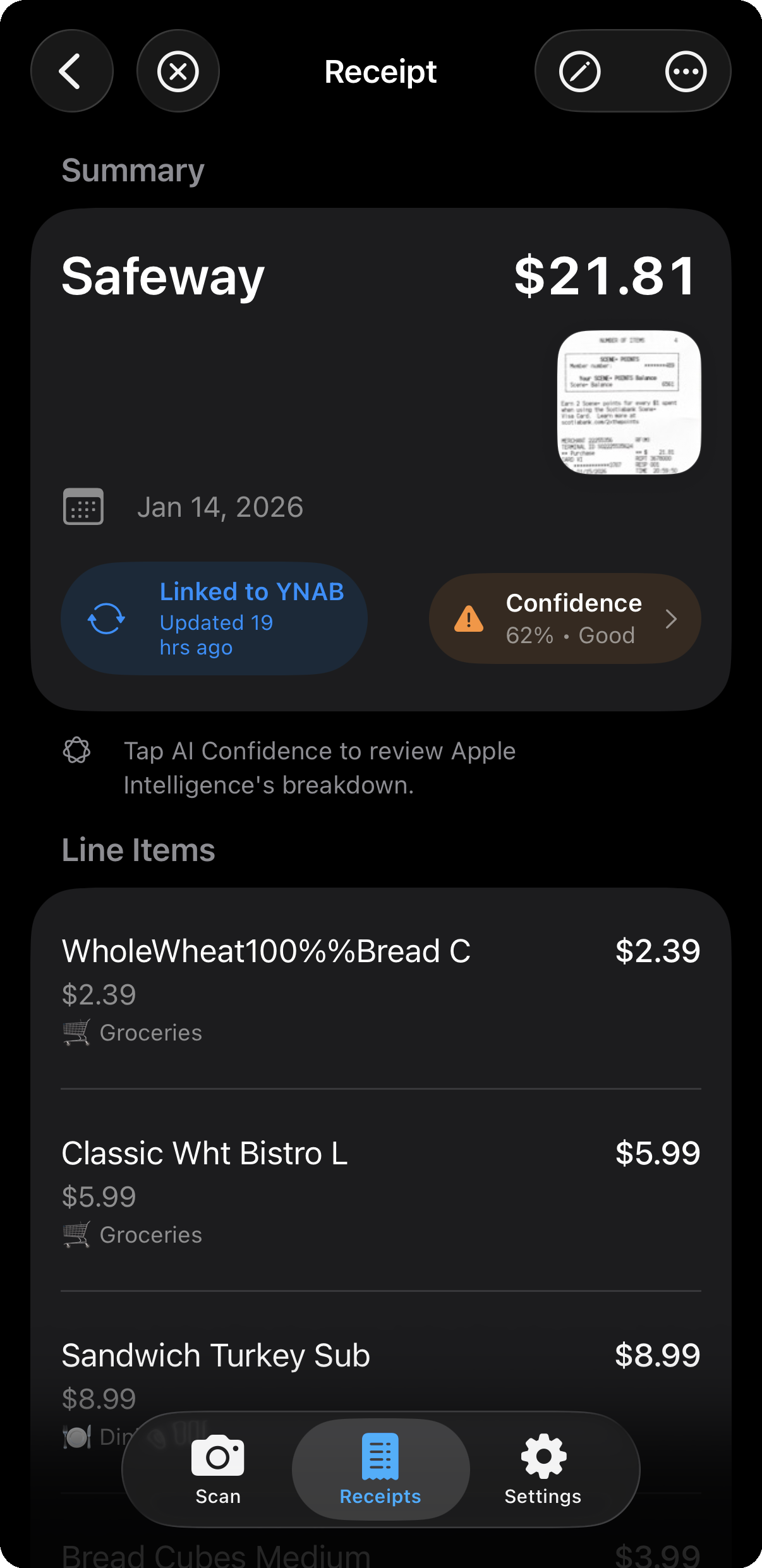 Receipt detail view showing extracted transaction data with confidence scores and one-tap YNAB sync button