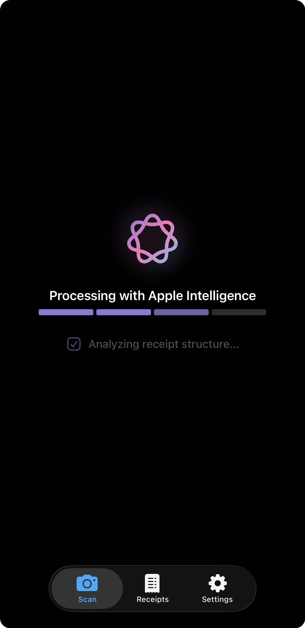 Apple Intelligence scanning a grocery receipt and extracting merchant name, date, total, and line items automatically