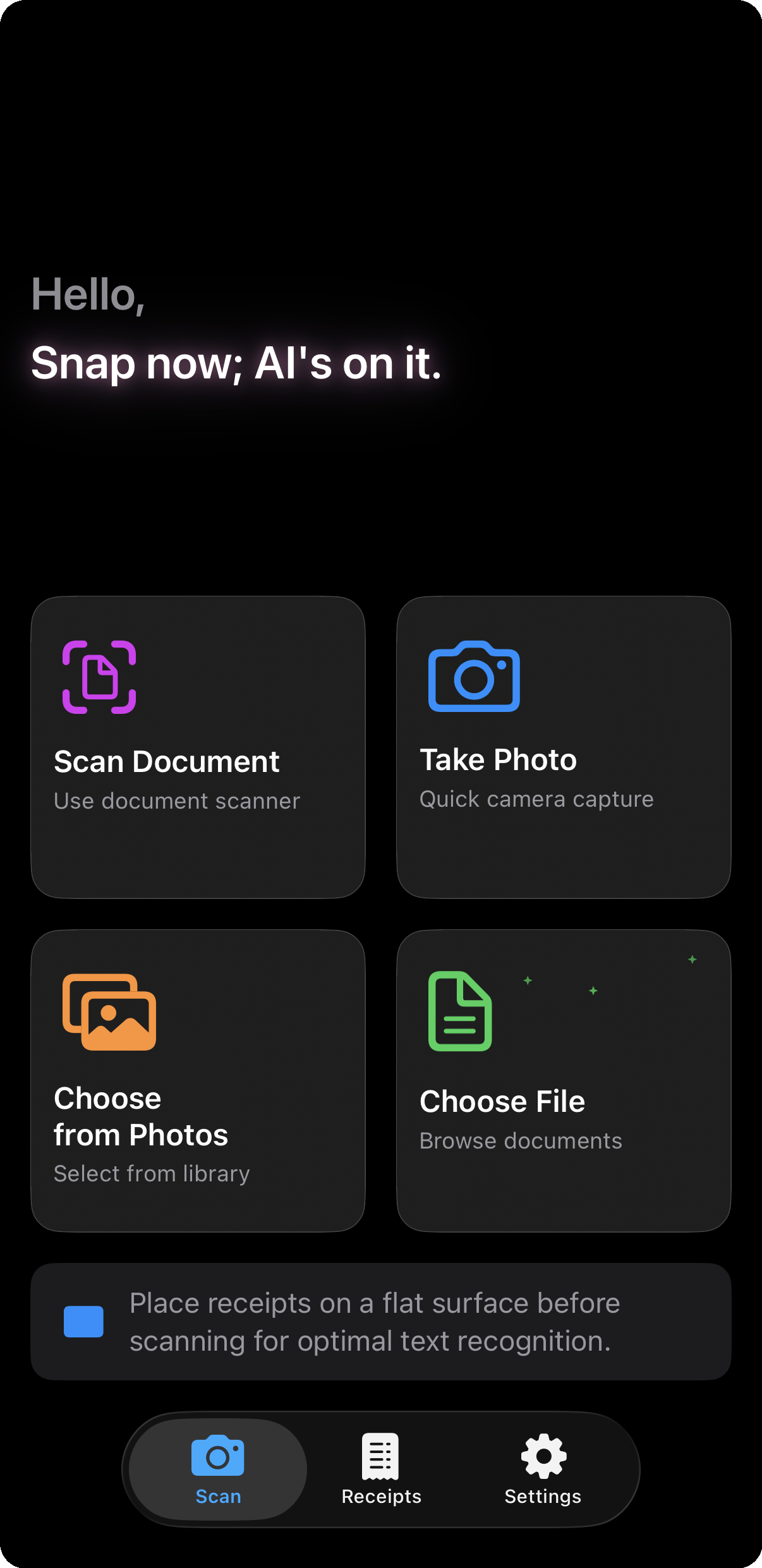 Receipts for YNAB iOS app home screen showing camera, photo library, and document scanner capture options for receipt scanning